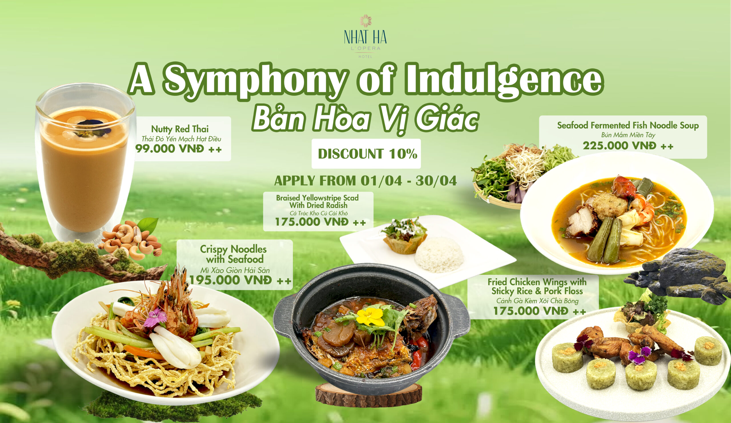 April 2026 Dining Promotion menu at Nhat Ha L’Opera Hotel featuring Vietnamese dishes and Symphony of Indulgence menu in Ho Chi Minh City